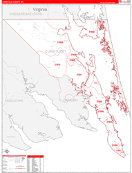 Currituck County, NC Wall Map Zip Code Red Line Style 2024