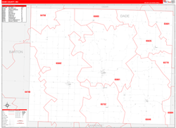 Dade County, MO Wall Map Zip Code Red Line Style 2024