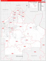 Dakota County, MN Wall Map Zip Code Red Line Style 2024