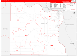 Dakota County, NE Wall Map Zip Code Red Line Style 2023