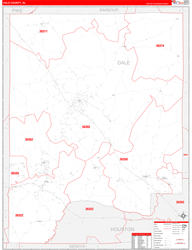 Dale County, AL Wall Map Zip Code Red Line Style 2024