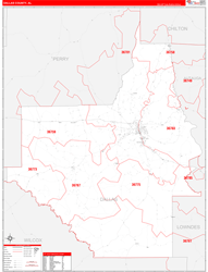 Dallas County, AL Wall Map Zip Code Red Line Style 2024