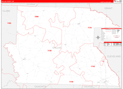 Dallas County, AR Wall Map Zip Code Red Line Style 2024