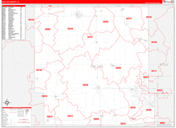 Dallas County, IA Wall Map Zip Code Red Line Style 2024