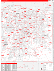 Dallas County, TX Wall Map Zip Code Red Line Style 2024