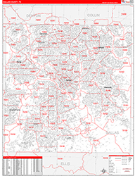 Dallas County, TX Wall Map Zip Code Red Line Style 2026
