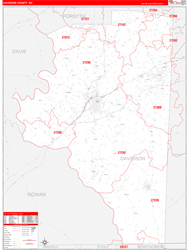 Davidson County, NC Wall Map Zip Code Red Line Style 2024