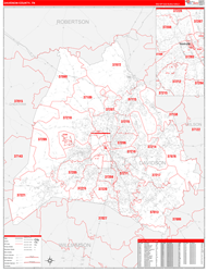 Davidson County, TN Wall Map Zip Code Red Line Style 2024