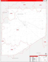 Decatur County, IN Wall Map Zip Code Red Line Style 2024