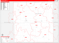 Delaware County, IA Wall Map Zip Code Red Line Style 2024