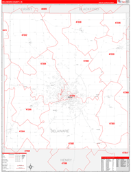 Delaware County, IN Wall Map Zip Code Red Line Style 2024