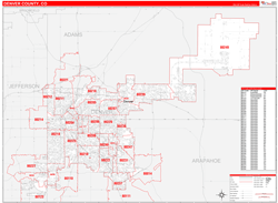 Denver County, CO Wall Map Zip Code Red Line Style 2024