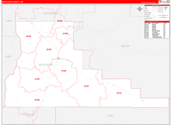 Deschutes County, OR Wall Map Zip Code Red Line Style 2024