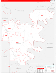 Desha County, AR Wall Map Zip Code Red Line Style 2024