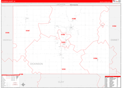 Dickinson County, IA Wall Map Zip Code Red Line Style 2024