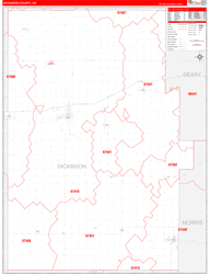 Dickinson County, KS Wall Map Zip Code Red Line Style 2024