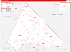 Dillon County, SC Wall Map Zip Code Red Line Style 2024
