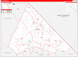 Dillon County, SC Wall Map Zip Code Red Line Style 2026