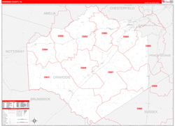Dinwiddie County, VA Wall Map Zip Code Red Line Style 2024