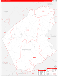 Doddridge County, WV Wall Map Zip Code Red Line Style 2024