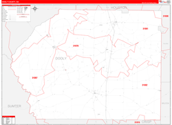 Dooly County, GA Wall Map Zip Code Red Line Style 2024