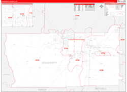 Dougherty County, GA Wall Map Zip Code Red Line Style 2024