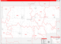 Douglas County, IL Wall Map Zip Code Red Line Style 2026