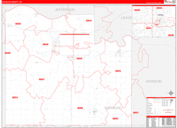 Douglas County, KS Wall Map Zip Code Red Line Style 2024
