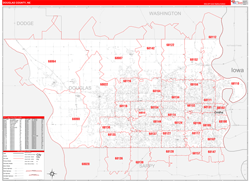 Douglas County, NE Wall Map Zip Code Red Line Style 2023