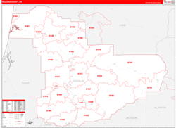 Douglas County, OR Wall Map Zip Code Red Line Style 2024