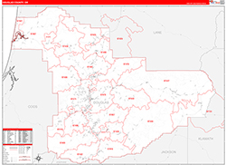 Douglas County, OR Wall Map Zip Code Red Line Style 2026