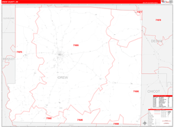 Drew County, AR Wall Map Zip Code Red Line Style 2024