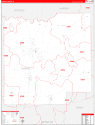 Dubois County, IN Wall Map Zip Code Red Line Style 2024