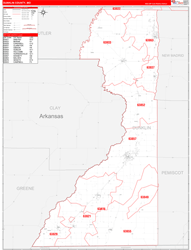 Dunklin County, MO Wall Map Zip Code Red Line Style 2024