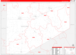 Eastland County, TX Wall Map Zip Code Red Line Style 2024