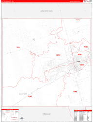 Ector County, TX Wall Map Zip Code Red Line Style 2024