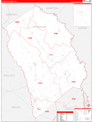 Effingham County, GA Wall Map Zip Code Red Line Style 2024