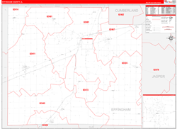 Effingham County, IL Wall Map Zip Code Red Line Style 2023