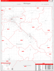 Elkhart County, IN Wall Map Zip Code Red Line Style 2024