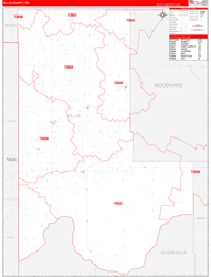 Ellis County, OK Wall Map Zip Code Red Line Style 2024