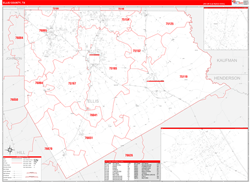 Ellis County, TX Wall Map Zip Code Red Line Style 2024