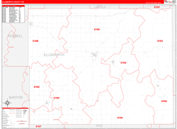 Ellsworth County, KS Wall Map Zip Code Red Line Style 2024