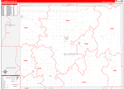Ellsworth County, KS Wall Map Zip Code Red Line Style 2026