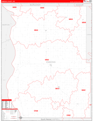 Emmons County, ND Wall Map Zip Code Red Line Style 2023
