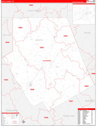 Erath County, TX Wall Map Zip Code Red Line Style 2024