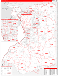 Erie County, NY Wall Map Zip Code Red Line Style 2024
