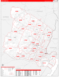 Essex County, NJ Wall Map Zip Code Red Line Style 2024