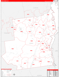 Essex County, NY Wall Map Zip Code Red Line Style 2024
