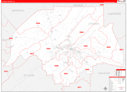 Etowah County, AL Wall Map Zip Code Red Line Style 2024
