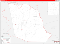 Evans County, GA Wall Map Zip Code Red Line Style 2024